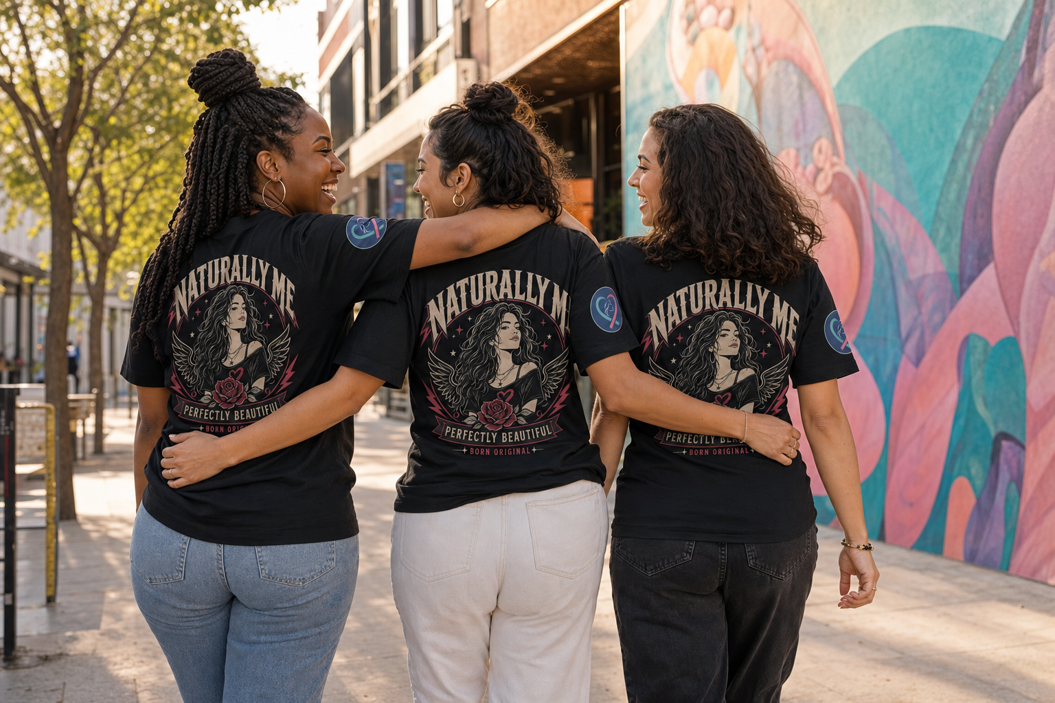 Three women walking away, laughing and hugging in Naturally Me shirts