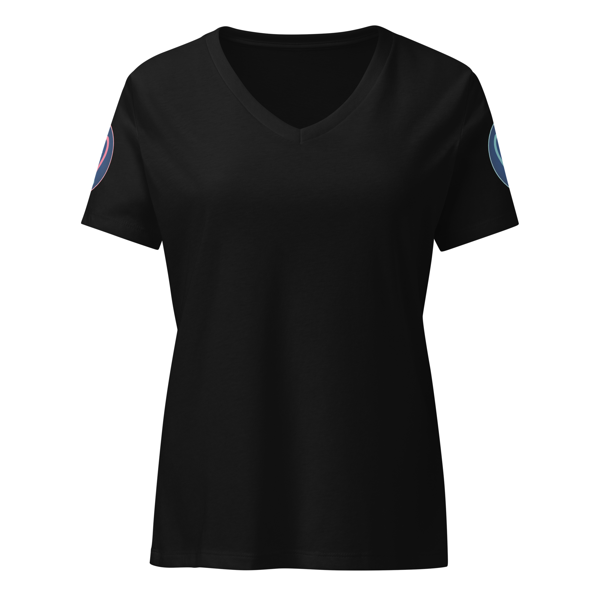 Front view of the black women's Naturally Me V-neck shirt with a blank chest and Layssa emblems on both sleeves
