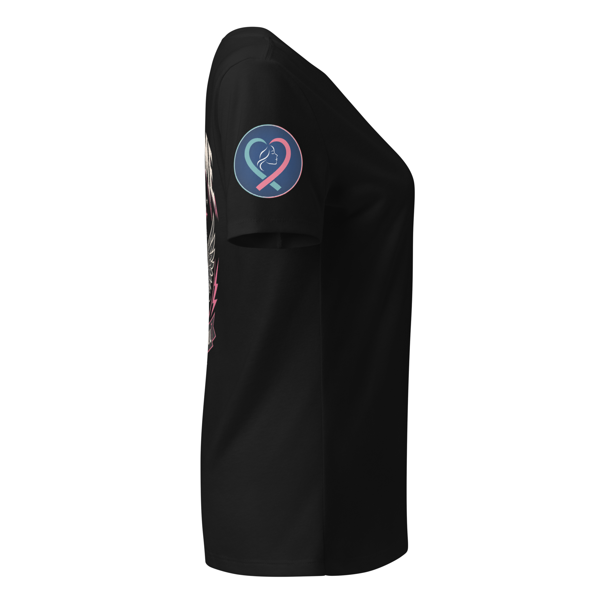 Right-side view of the black women's V-neck shirt with the round Layssa emblem on the sleeve